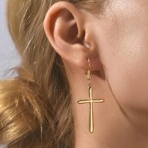 Gold Tone Cross Drop Earrings Minimalist Faith Dangle Christian statement 💖